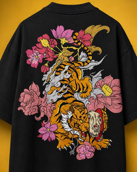 Tiger Flower Black boxy fit t shirt